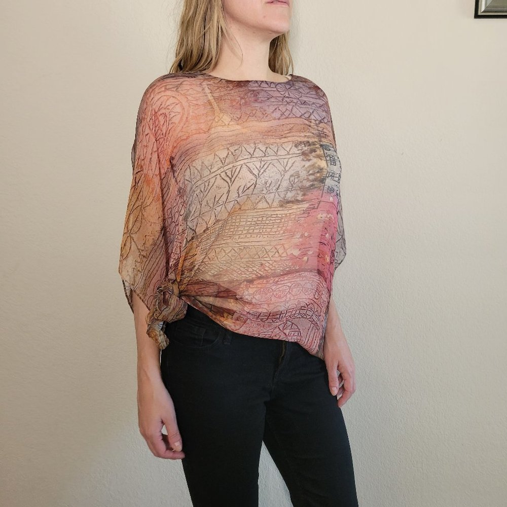 Cocoon House 100% Silk Top One Size OS Poncho Wrap Sheer Tunic Small Medium Lg - Picture 8 of 11